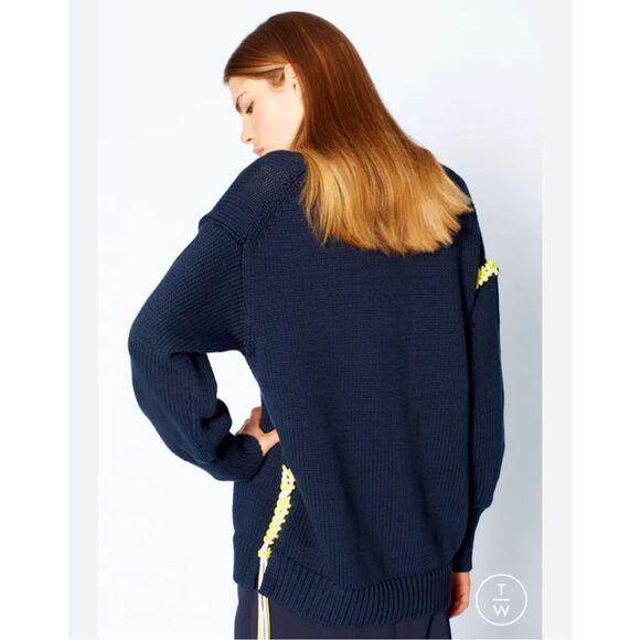 Tibi Navy Blue Heavy Knit Deep V-Neck Oversized Lace Up Accents M Contemporary - Picture 2 of 13